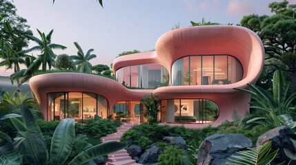 Discovering a Pink Abode Surrounded by Nature's Lush Embrace