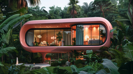 Exploring a Futuristic Luxury Pink House Amidst Verdant Splendor