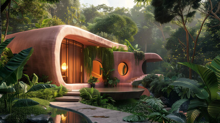 Nestled in a Futuristic Pink Residence amidst Nature's Bounty