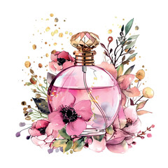 a beautiful pink perfume bottle with roses in the glamour style, golden glitter watercolor illustration on white background