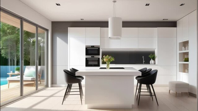 3d rendering. Modern new light interior in the kitchen with white furniture and dining table.