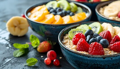 Bowls of oatmeal with mixed fruits topping stock photo