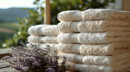 a stack of white towels sitting on top of a wooden table next to a vase with lavender flowers on it.