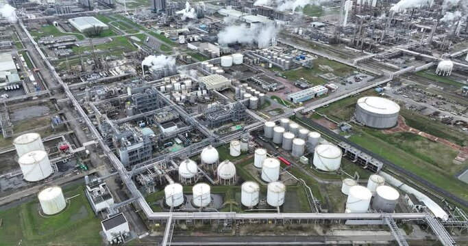 Chemical park aerial top down view. Industrial installation, production of chemicals and plastics, polymers. Aerial drone view.