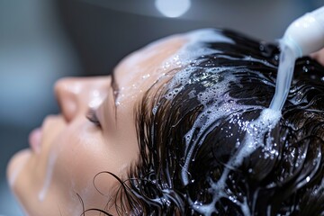 A natural relaxing cream or shampoo is applied to the natural long hair of a woman or beauty salon client. The woman enjoys the procedure. Shampoo time. Hair care concept. Copy space. Banner