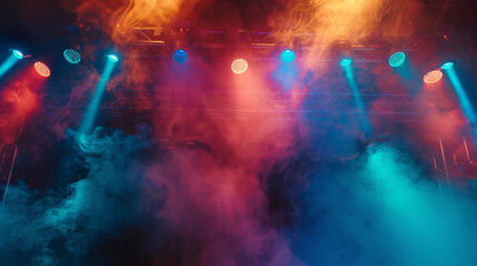An atmospheric shot of the stage at a concert party, with smoke machines creating a haze of mist...