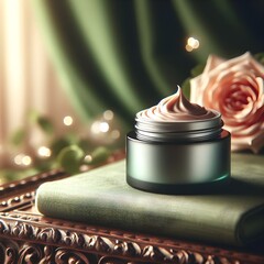 A product photo of a jar of beauty cream on a table, green velvet background