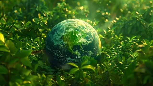 earth globe in a lush forest with trees and plants, green energy ecological and environmentalism concept Generative AI 