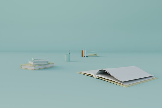 3d render of books with pencils and soft pastel colors