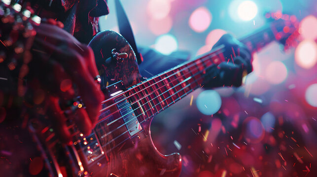 A close-up of a guitarist shredding on stage at a concert party, their fingers flying over the strings as 