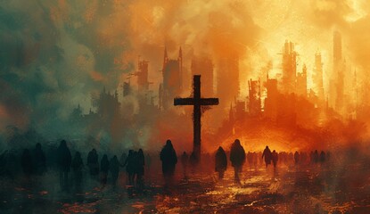 a group of people walking in front of a cross