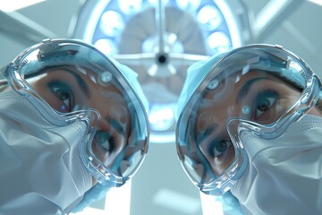 First person view of a dental patient and two doctors wearing medical masks and goggles looking directly into the camera. Healthcare concept. Appointment with the dentist. Copy space. Banner. - obrazy, fototapety, plakaty