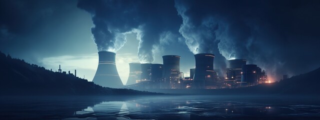 Industrial factory of nuclear reactor or nuclear power plant with cooling towers. - obrazy, fototapety, plakaty