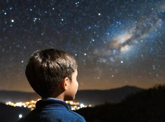 Young boy kid at a night of stargazing. He gazes galaxies and constellations