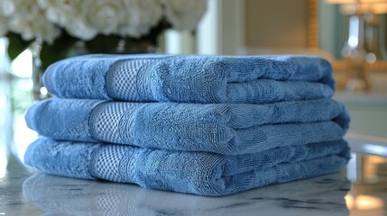 a stack of blue towels sitting on top of a bathroom counter next to a vase with white flowers in it.
