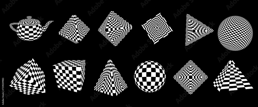 Poster Big Set of Graphic Design 3D Forms with Checkered Texture. Abstract Surreal 3D Shapes. Trendy Y2K Geometric Shapes. Brutalist Design Elements. Vector Illustration.