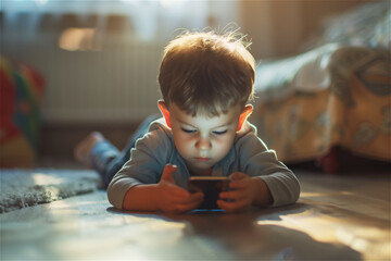 Petit garçon joue sur son téléphone portable - obrazy, fototapety, plakaty
