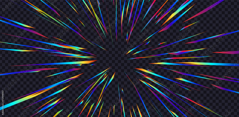 Aufkleber Abstract Rainbow Halo Rays on Transparent Background. Starburst or Sunburst with Rainbow Colors. Anime Burst Light Rays. Holographic Lens Flare Reflections Design Element. Vector Illustration.