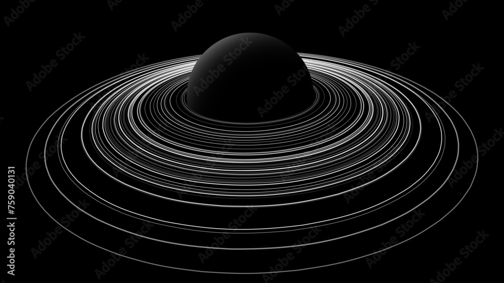 Poster black stylized saturn planet with rings. black hole background. universe and starry concept. gravity