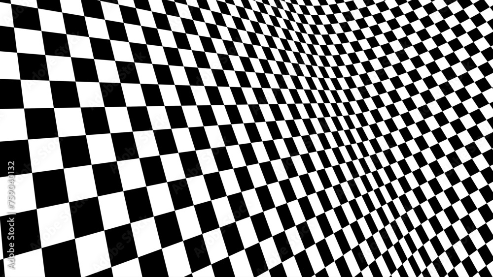 Aufkleber Distorted Chess Floor in Perspective with Checkerboard Texture. Empty Bended Chess Board. Black and White Squares Mosaic Studio Background. Vector illustration.