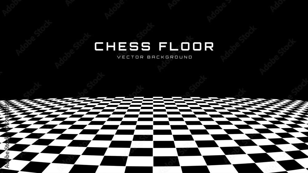 Aufkleber Chess Floor in Perspective with Checkerboard Texture. Empty Chess Board. Black and White Squares Mosaic Studio Background. Vector illustration.