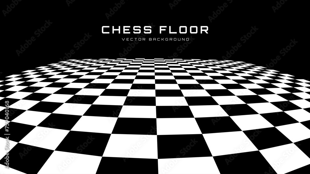 Aufkleber Chess Floor in Perspective with Checkerboard Texture. Empty Chess Board. Black and White Squares Mosaic Studio Background. Vector illustration.