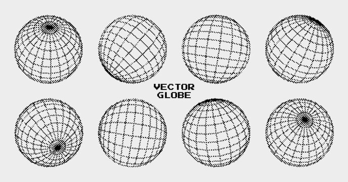 Pixel Dither 3D Sphere Wireframe Hologram HUD Design Elements Set. 3D Line Globe Geometry for 1 bit Style Graphic Design. Pixel Art Cyberpunk Y2K Aesthetic VR Concept. Vector Illustration.