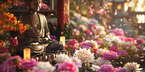 Floral Reverence: Hanamatsuri Celebrations Honoring the Birth of Buddha with Blossom-Adorned Shrines. - obrazy, fototapety, plakaty