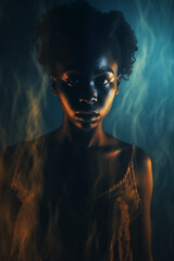 Horrified black girl. Otherworldly smoke and mist. Cinematic horror movie style concept. Foggy dark paranormal background. Halloween themed. Back light glowing ghostly mood. 