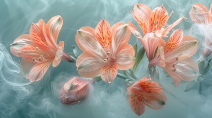 a group of pink flowers sitting next to each other on a blue and green background with smoke coming out of the petals.