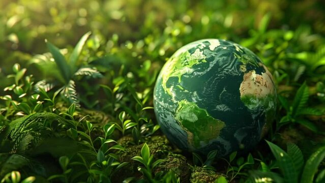 earth globe with young plants, green energy and environmentalism concept Generative AI 