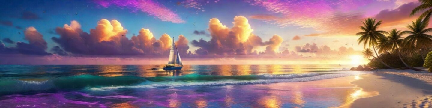 Abstract illustration sailboat, bright sunset, tropical shore, travel and vacation concept, background for social media banner and website.