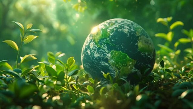 earth globe in a rain forest with trees and sun, green energy and environmentalism concept Generative AI 