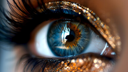 Golden Gaze: Macro Photography of a Blue Eye with Glimmering Eyeshadow