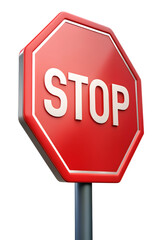 3d red stop sign board side view perspective isolated on transparent png background
