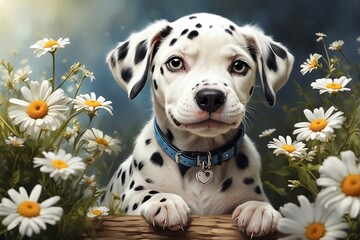 Cute Dalmatian Puppy Among Daisy Flowers