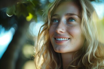 Close Up Portrait of blond woman with blue eyes With Tree Background