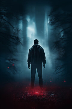 Man silhouette back view in a creepy dark blue night forest. Cinematic horror movie style concept. Foggy dark paranormal background. Halloween themed. Back light glowing ghostly mood. 