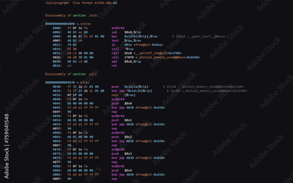 Fototapete Assembly Code Programming Language. Machine Code Program Hexadecimal Code. Computer Memory. Vector Illustration. Hacking, Cryptography, Malware, Reverse Engineering, Data Analysis Backdrop.