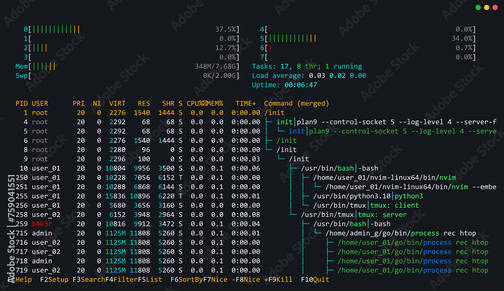 Fototapete Linux Unix Terminal CLI Utility Program Vector Illustration. Command Line Interface. List of Processes. System Programming Concept. Bash.