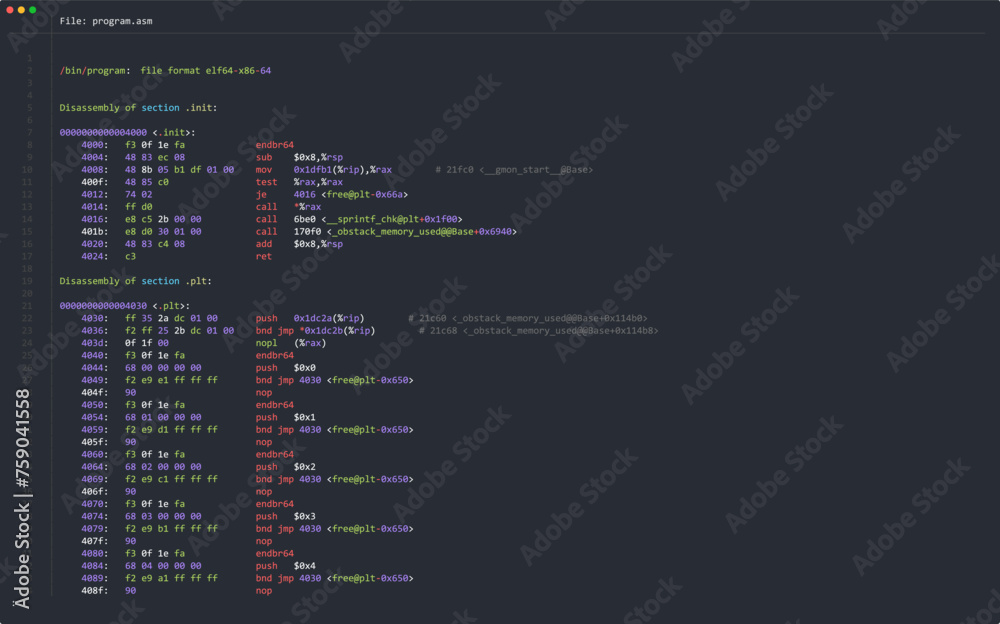 Aufkleber Assembly Code Programming Language. Machine Code Program Hexadecimal Code. Computer Memory. Vector Illustration. Hacking, Cryptography, Malware, Reverse Engineering, Data Analysis Backdrop.