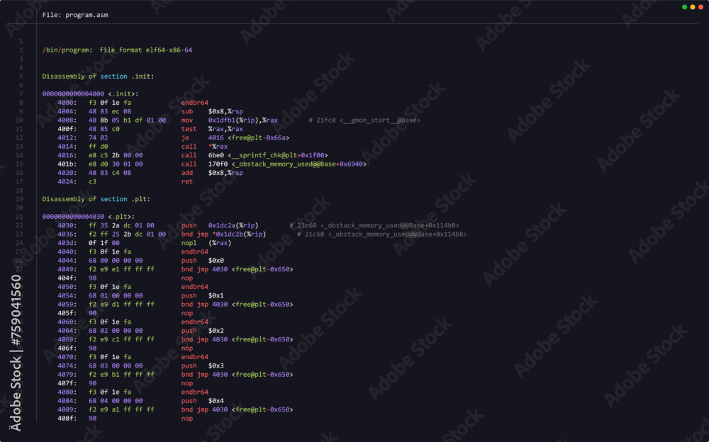 Fototapete Assembly Code Programming Language. Machine Code Program Hexadecimal Code. Computer Memory. Vector Illustration. Hacking, Cryptography, Malware, Reverse Engineering, Data Analysis Backdrop.