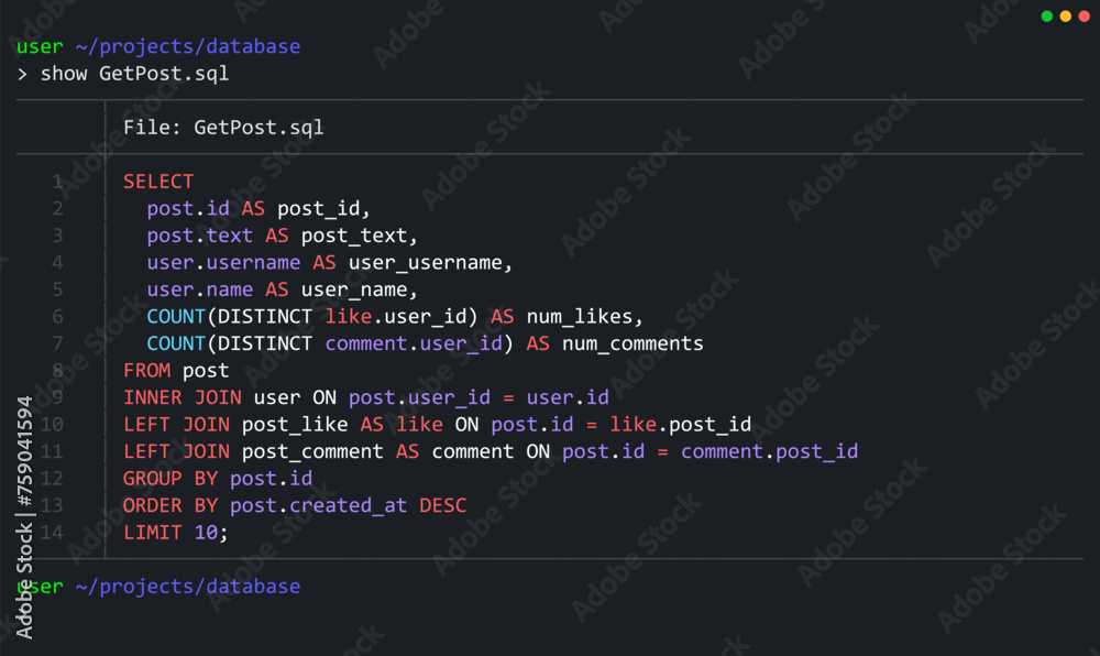 Fototapete SQL Query Select Posts from Database. Relational Database SQL (Structured Query Language) Code. Example of SQL Code to Query Data from a Server. Vector Background.