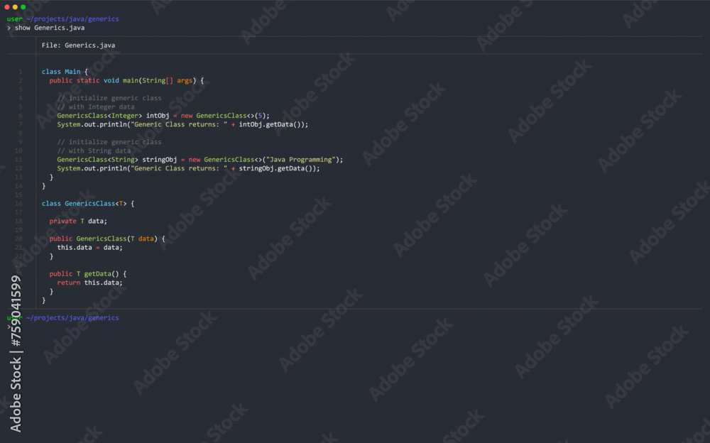 Poster Generics Example Code with Java Programming Language. Hello World Example Code. Learn to Code Concept. Vector Illustration. Java Online Education.