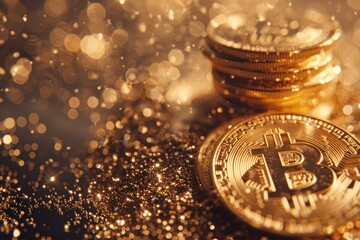 Bitcoin with glowing lights Gold bitcoin symbol