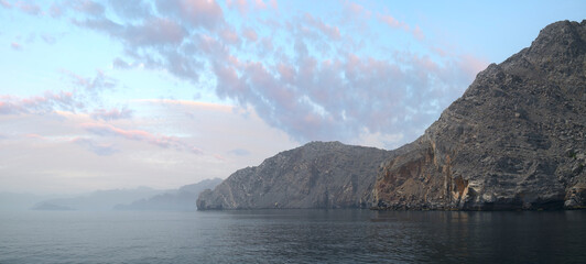 Sea tropical landscape with mountains and fjords, Oman. Vacation recreation holiday travel...