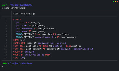 SQL Query Select Posts from Database. Relational Database SQL (Structured Query Language) Code. Example of SQL Code to Query Data from a Server. Vector Background.
