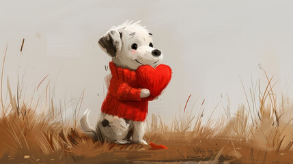 a painting of a dog with a heart on it's chest sitting in a field of tall dry grass.