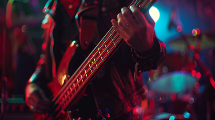 Obraz premium A shot of the bassist at a concert party, laying down a funky groove and keeping the rhythm tight, their fingers flying over the strings as they lock in with 