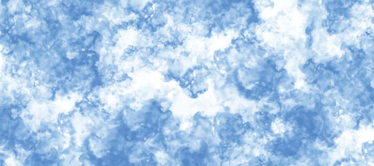 Abstract watercolor featuring a Blue and white sky with wispy clouds. Pastel mottled border texture and blurred grunge design. Blue texture background on white surface granite